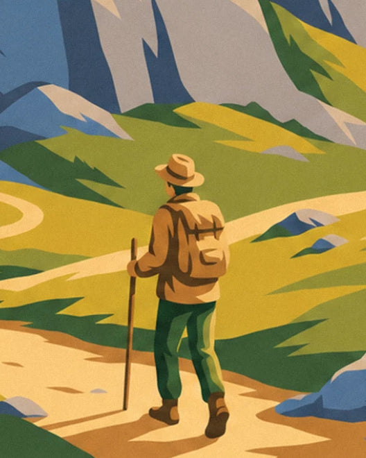 The hiker with a hat, rucksack and walking stick on the alpine pasture path