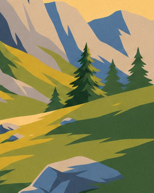 The 3 young fir trees on the green and yellow grassy slope at the foot of the cliff
