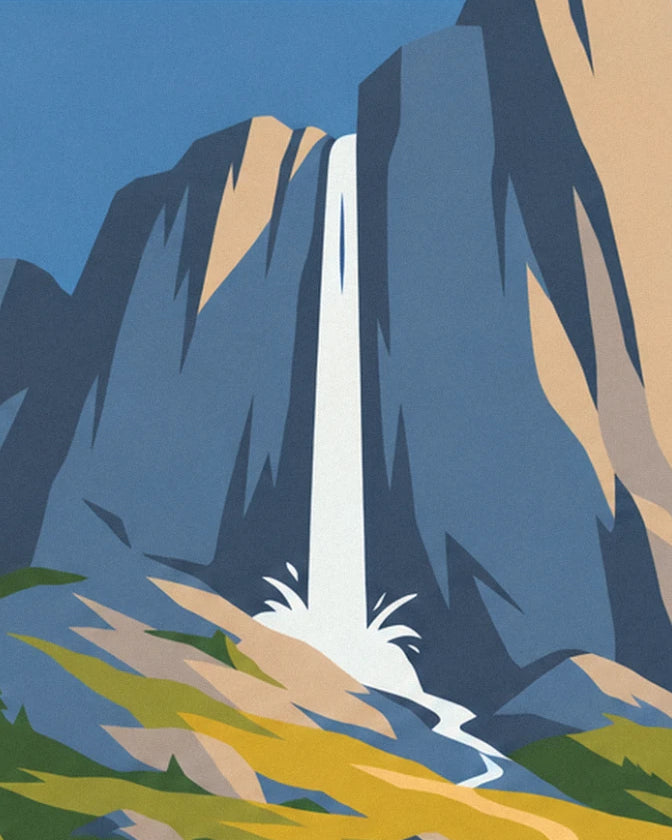 The white waterfall tumbling down the grey and blue rock face and splashing over the rocks