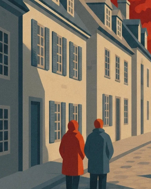 Les 2 promeneurs en manteaux rouge et bleu devant les maisons aux volets bleus de Québec