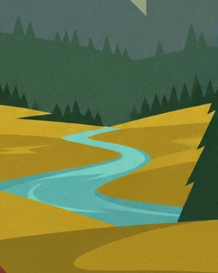A turquoise river winding between golden meadows and fir forests