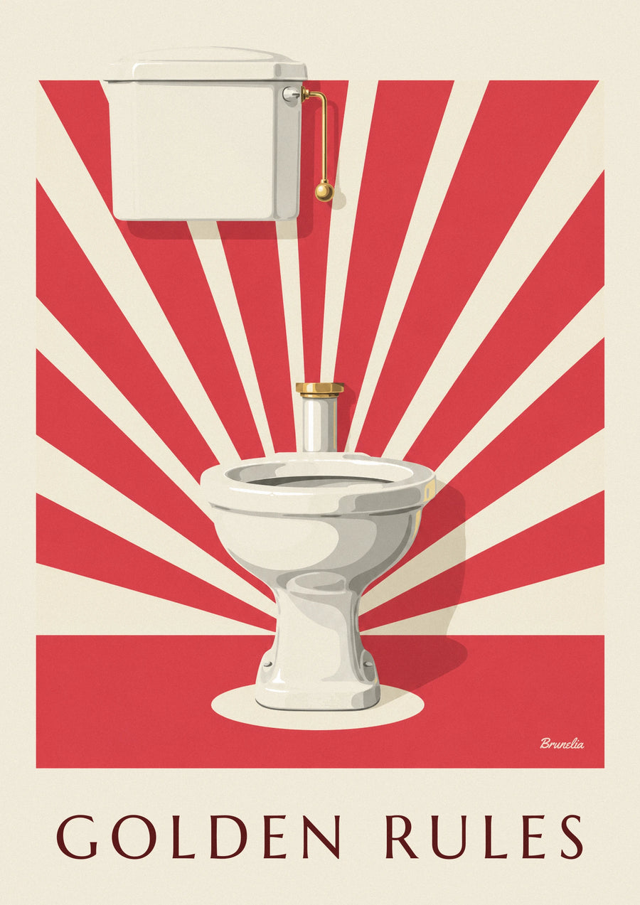 White toilet under the spotlights, golden rules poster