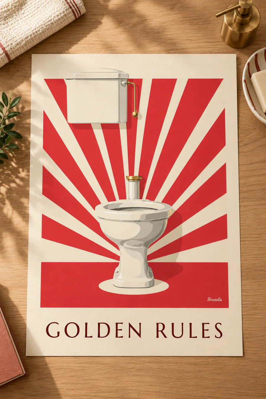Affiche toilettes blanches sous les projecteurs, règles d'or : posée sur une table