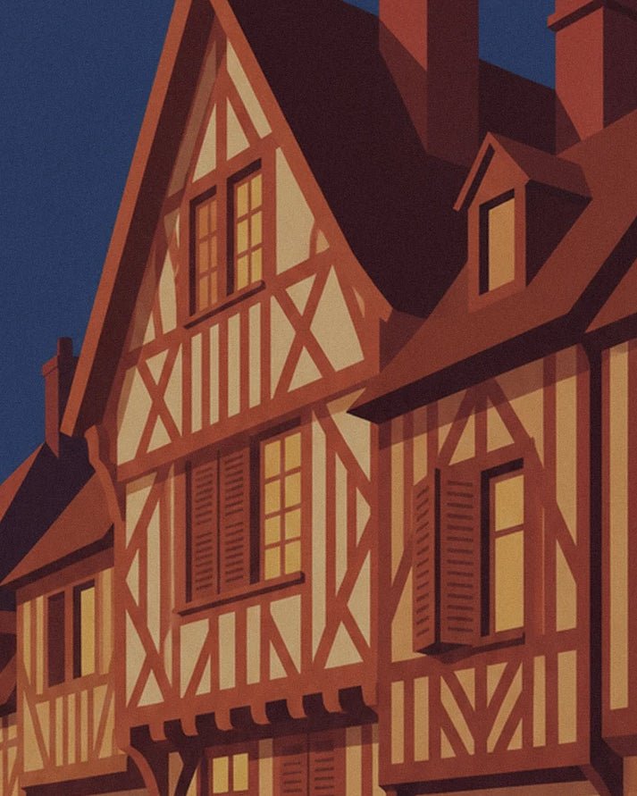Façades with crossed timber framing, lit windows and a dormer beneath brown roofs