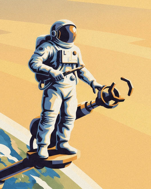 The astronaut in a white spacesuit on the robotic arm above Earth