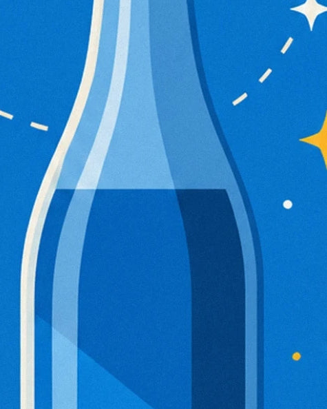 A long bottle of dark blue potion surrounded by little stars and coloured dots