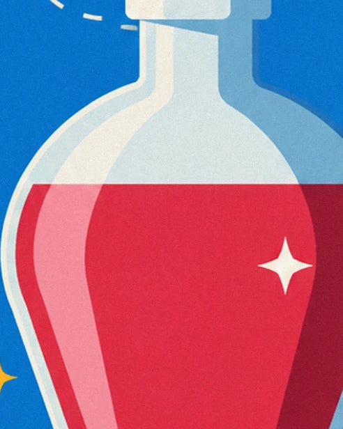 A rounded bottle filled with red potion, with a white star-shaped reflection
