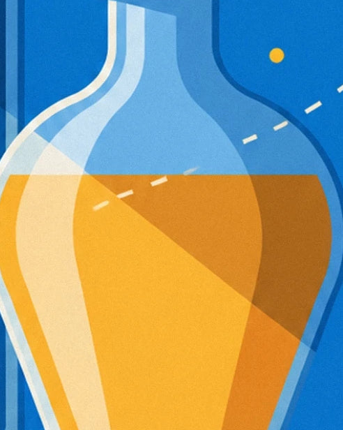 A bulbous bottle of yellow and orange potion crossed by a dotted white curve