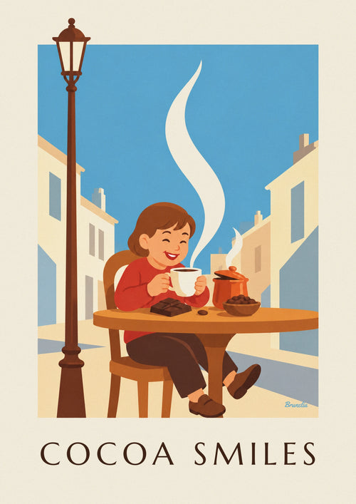 Póster de niño sonriente y gran taza de chocolate caliente: el póster completo