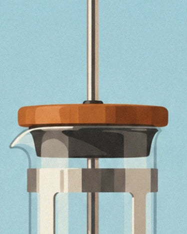 Le couvercle brun et la longue tige métallique du piston au-dessus du verre