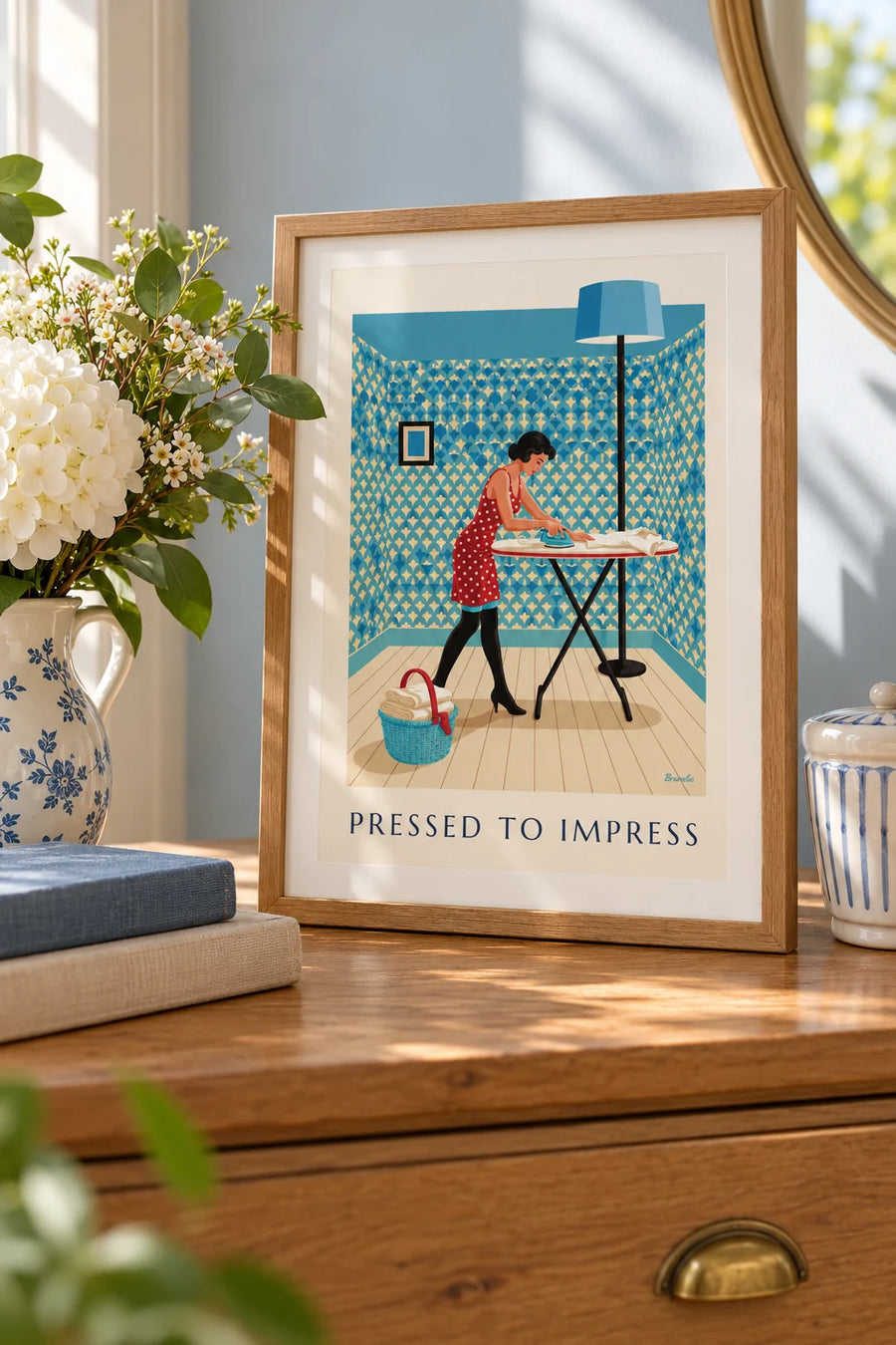 Pin-up poster ironing a shirt on her ironing board: small A4 framed size