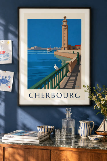 Póster gaviota y torre del reloj de la estación marítima de Cherbourg: enmarcado en la pared