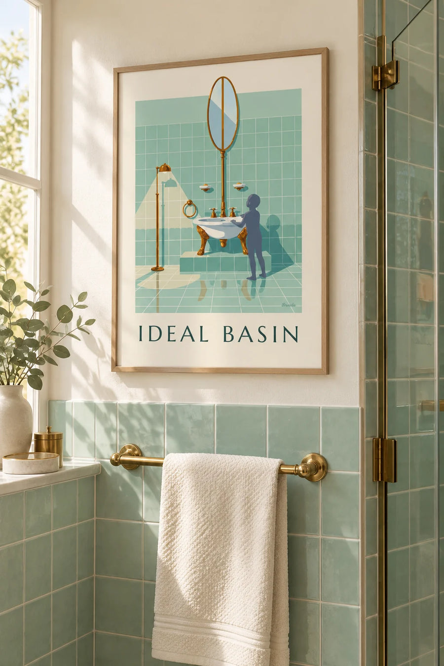 Póster lavabo de porcelana con pie para cuarto de baño: enmarcado en la pared
