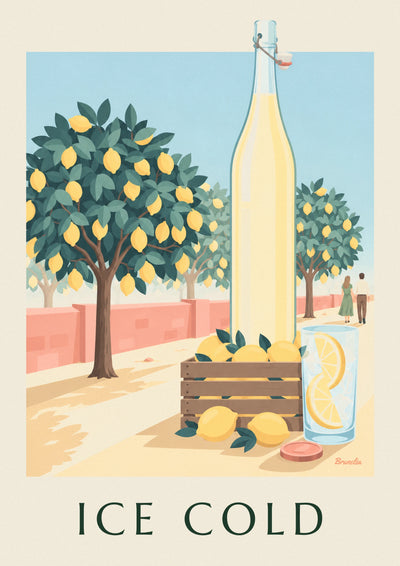 Póster de botella de limonada y caja de limones en el huerto: el póster completo