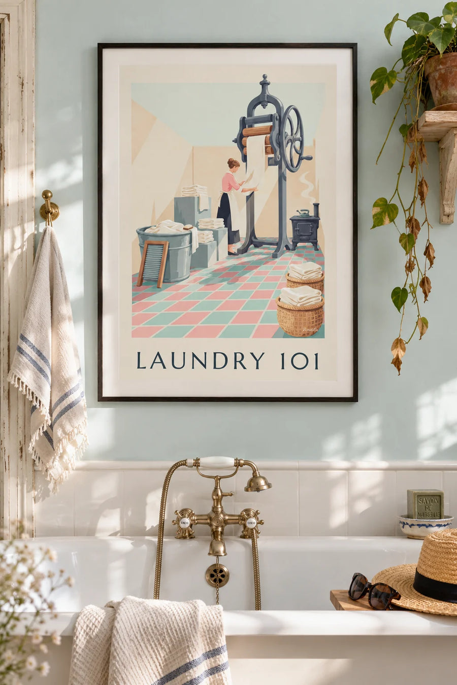Laundry room poster with instructions for old-fashioned laundry: framed on the wall