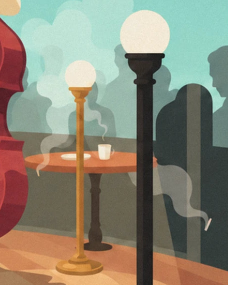 A black lamp and a golden lamp with a white globe in the cigarette smoke above the room