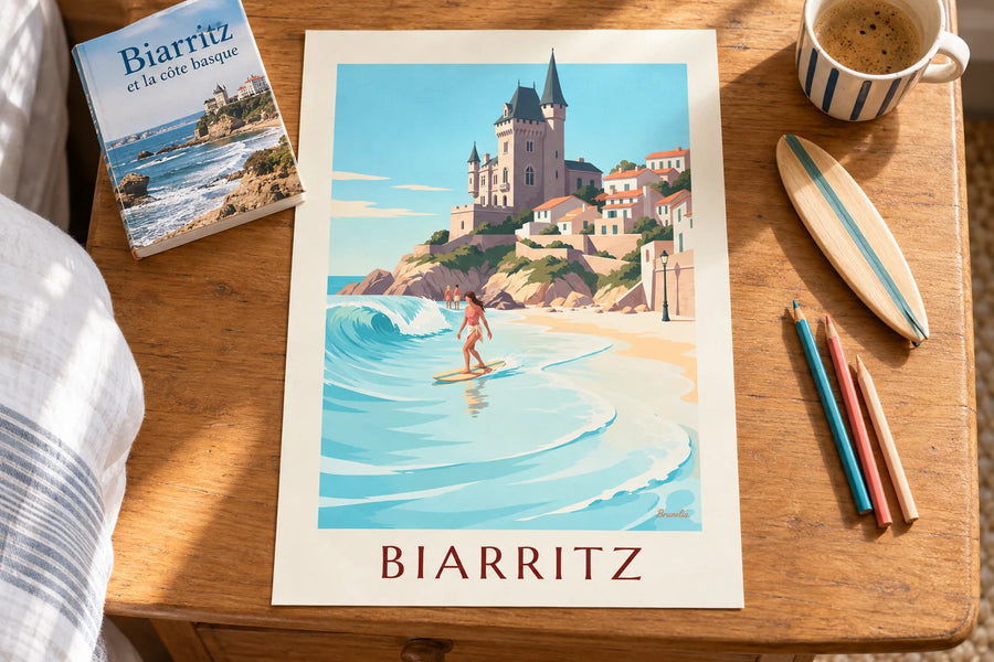 Póster de surfista con longboard en la Côte des Basques de Biarritz: sobre una mesa