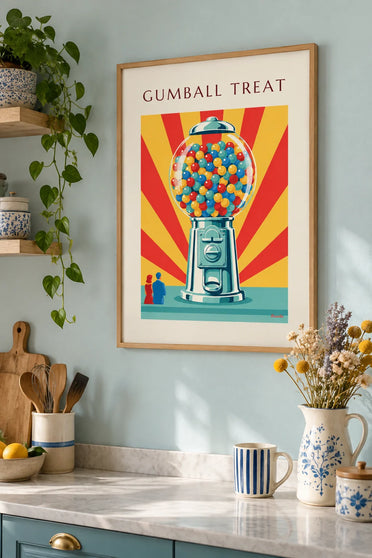 Póster de dispensador de caramelos de bolas de colores: enmarcado en la pared