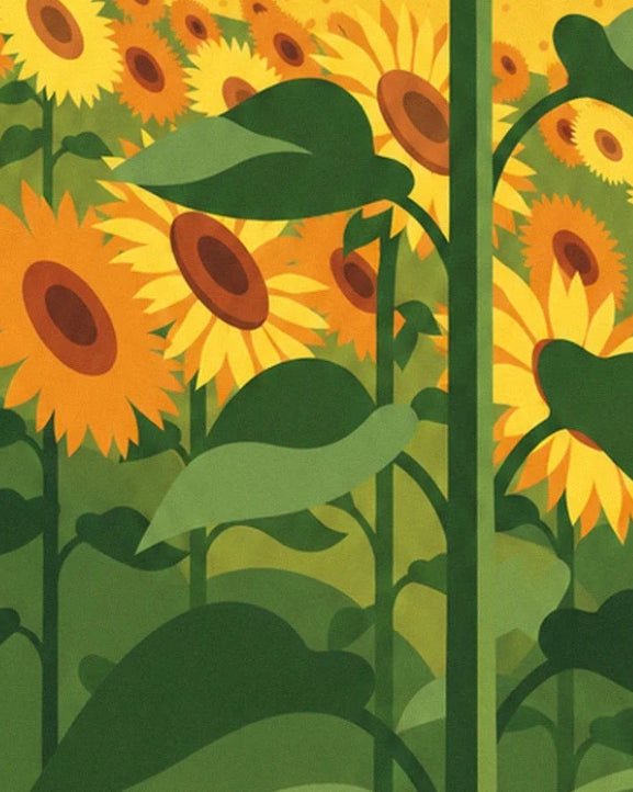 Des tournesols jaunes aux cœurs bruns parmi de hautes tiges et de larges feuilles vertes