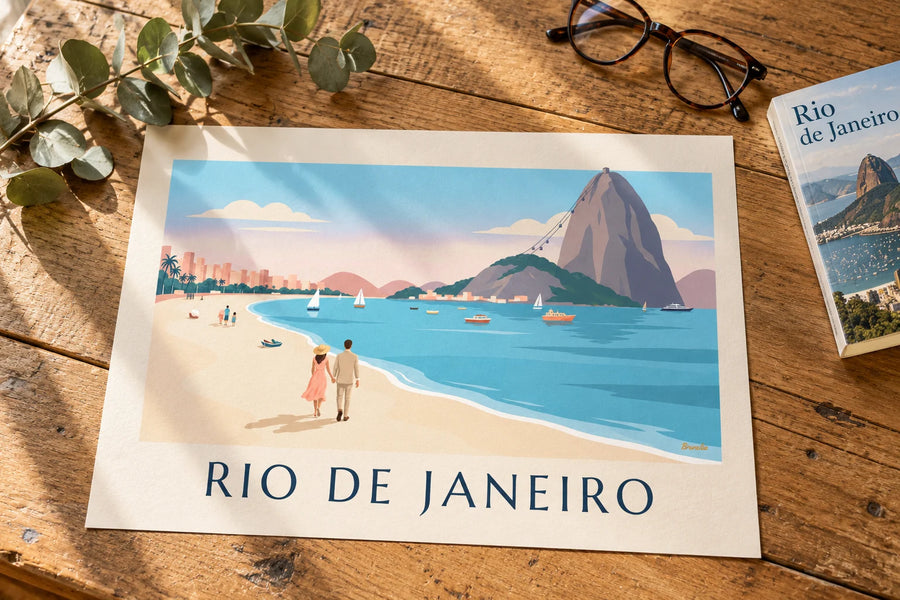 Póster pareja en la playa de Botafogo frente al Pan de Azúcar en Río: apoyado sobre una mesa