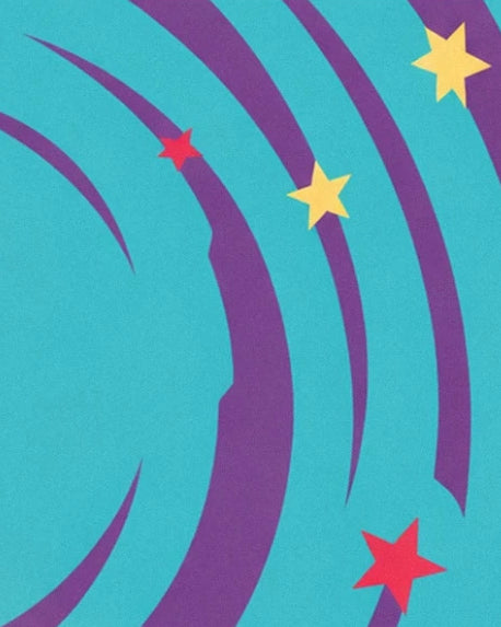 Yellow and pink stars between large purple curves against a turquoise background