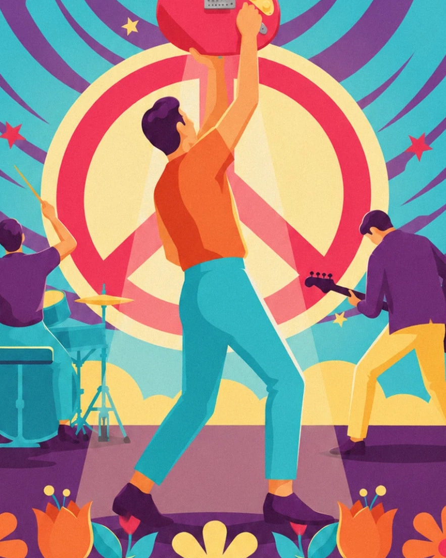 The guitarist in orange and turquoise trousers in front of a yellow and pink peace symbol