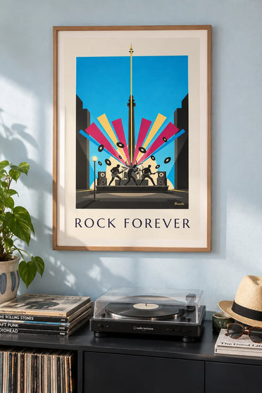 Póster de siluetas de músicos de rock en el escenario y vinilos: enmarcado en la pared