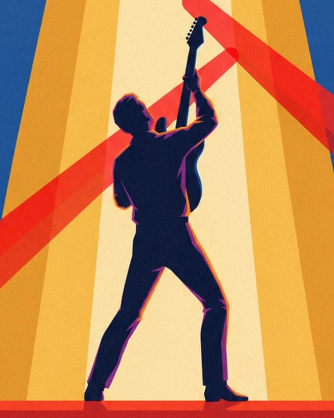 Le guitariste en silhouette sombre, guitare levée sous les faisceaux jaunes et rouges