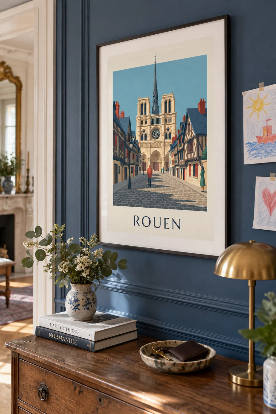 Affiche cathédrale Notre-Dame de Rouen et maisons à colombages : encadrée au mur