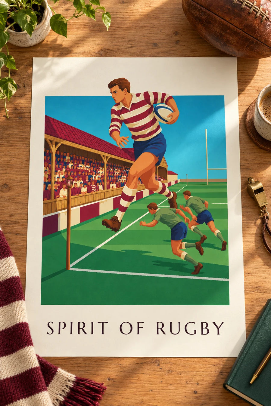 Póster de un jugador de rugby corriendo a toda velocidad por la banda: sobre una mesa