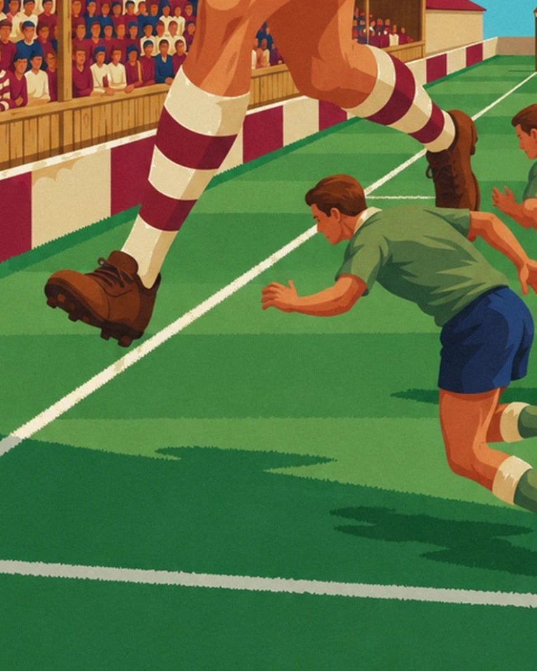 Affiche joueur de rugby sprintant le long de la touche : détail en gros plan