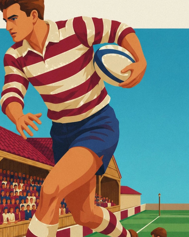 Affiche joueur de rugby sprintant le long de la touche : détail en gros plan
