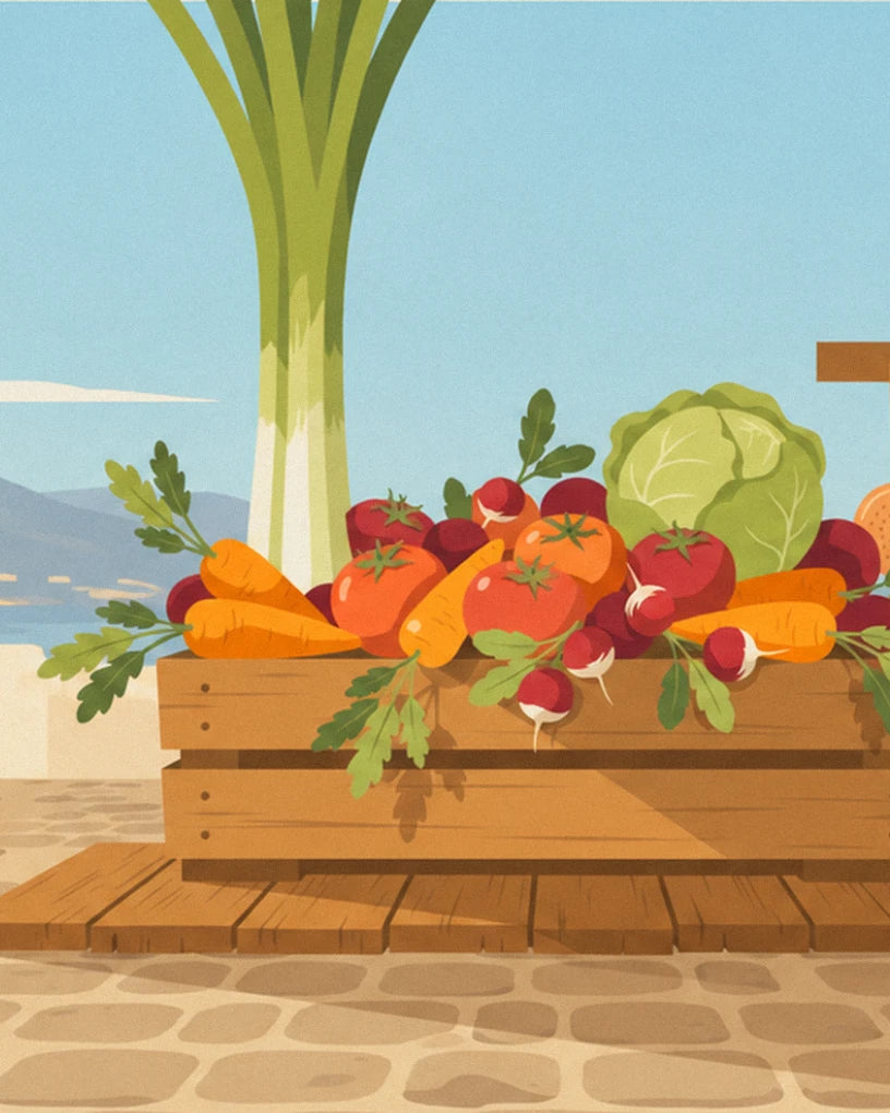 A wooden crate filled with carrots, tomatoes, radishes and cabbage beneath an enormous leek