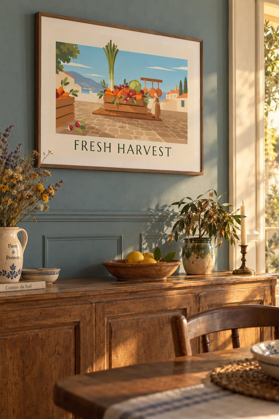 Poster of a crate of fresh vegetables on a market stall: framed on the wall