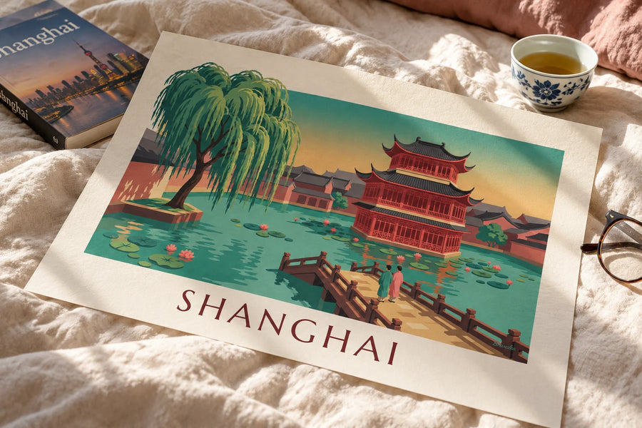 Póster de la casa de té del jardín Yuyuan en Shanghái: apoyado en una mesa