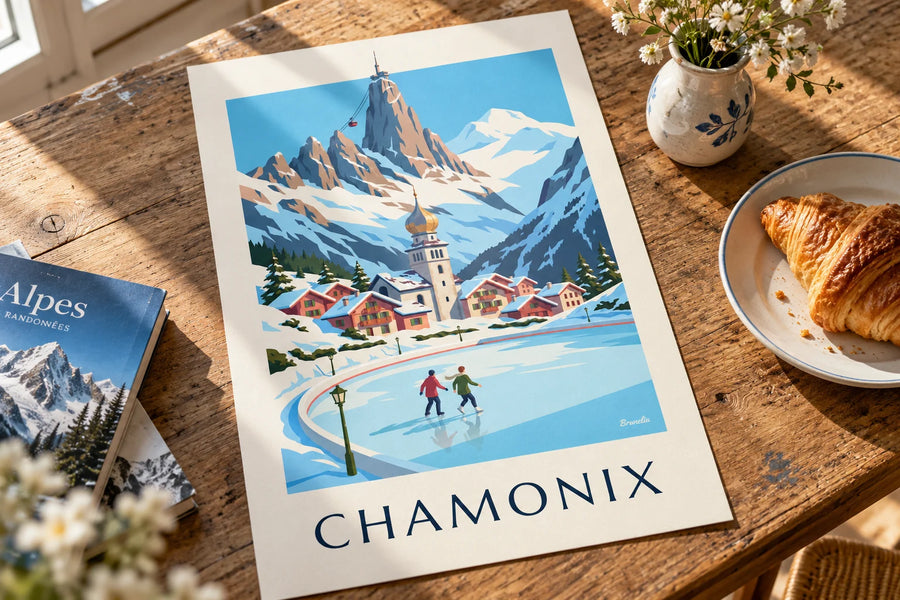 Affiche patineurs sur la patinoire de Chamonix et l'Aiguille du Midi : posée sur une table