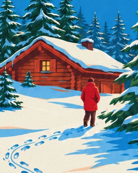 Un personnage en manteau rouge devant le chalet en bois au toit enneigé