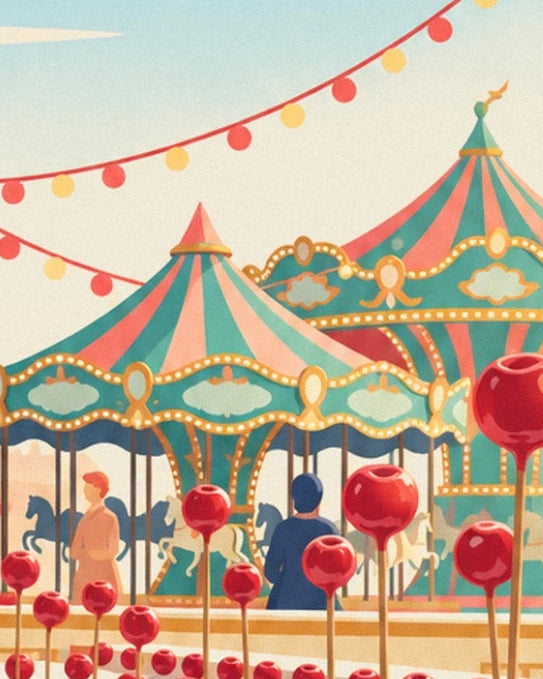 The carousel with pink and turquoise striped roofs behind the red toffee apples