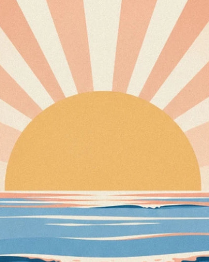 Le soleil jaune à l’horizon, ses rayons pêche et les reflets clairs sur la mer bleue