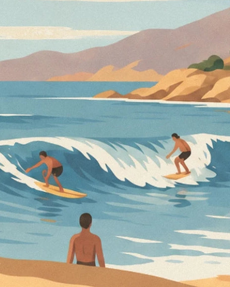 The 2 surfers on a white wave in front of the hills of Taghazout bay
