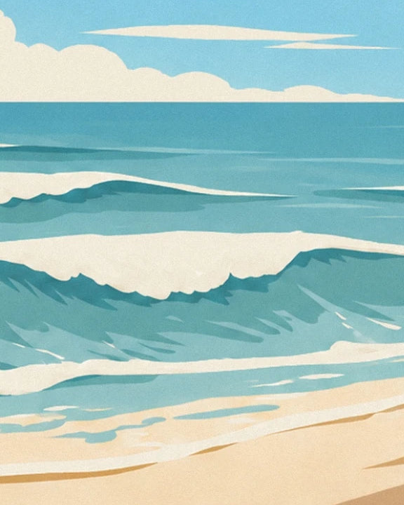 The turquoise waves edged with white foam in front of the golden sandy beach