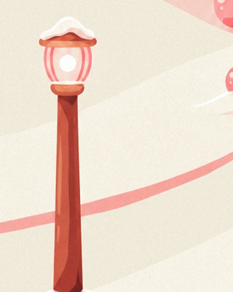 The snow-topped red street lamp and its pink lantern with a white centre