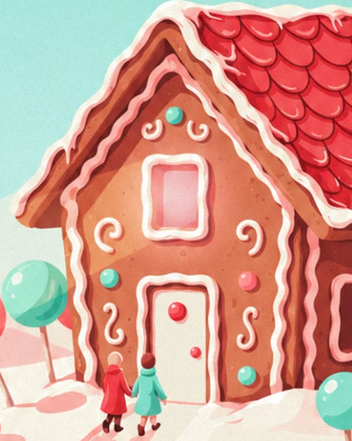 The gingerbread house with its red roof and 2 visitors in the snow