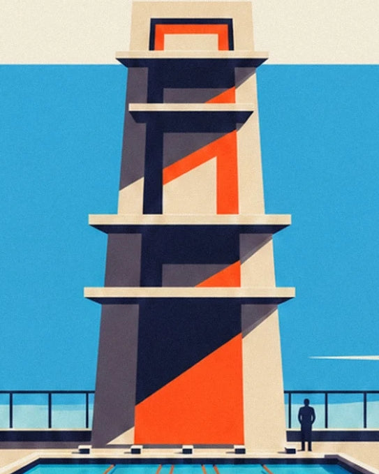 The cream and orange diving tower, its platforms and the figure at its base