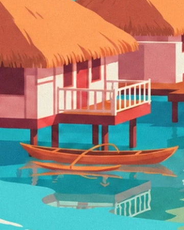 An outrigger canoe beside the bungalows with thatched roofs and white balustrades