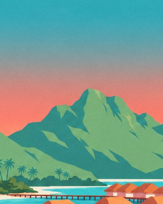 The green mountains of Tahiti beneath a coral sky, between palm trees and the lagoon