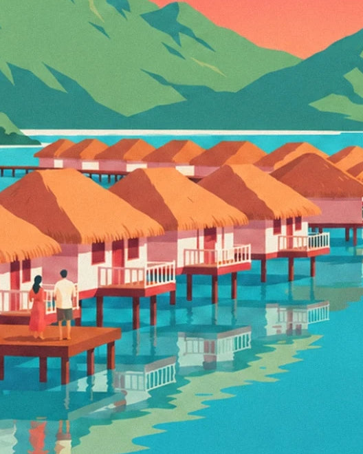 A couple on a jetty and the overwater bungalows reflected in the turquoise lagoon