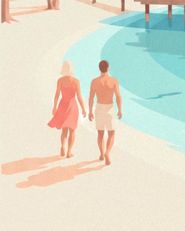 A couple seen from behind beside the lagoon, in a coral dress and white shorts on the pale sand