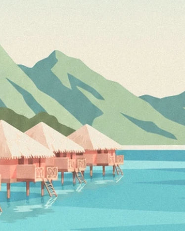 The overwater bungalows at the foot of the green mountains on the turquoise lagoon