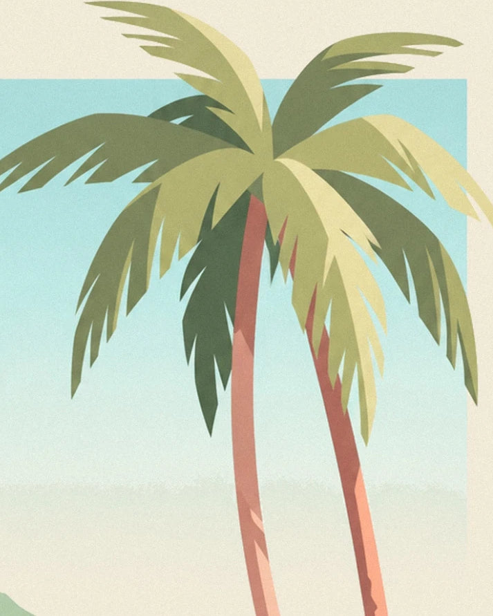 The 2 palm trees with coral trunks and long green leaves against a pale blue background